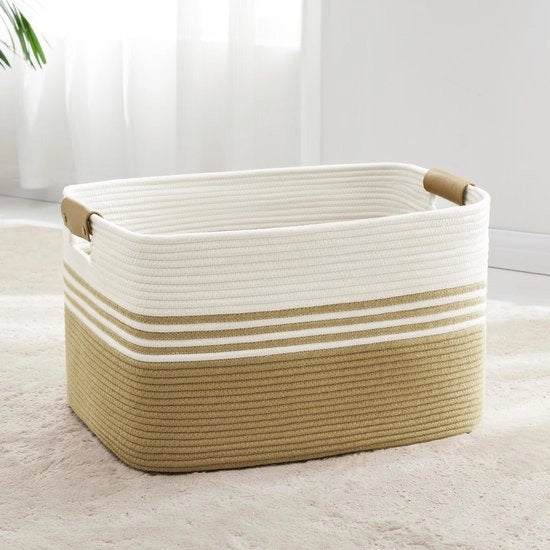 Grande cesta per abiti, telaio di cotone con maniglia in pelle per abiti, giocattoli, cuscini, coperte, cesta per soggiorno, camera dei bambini, camera da letto, 55 x 43 x 30 cm, kaki