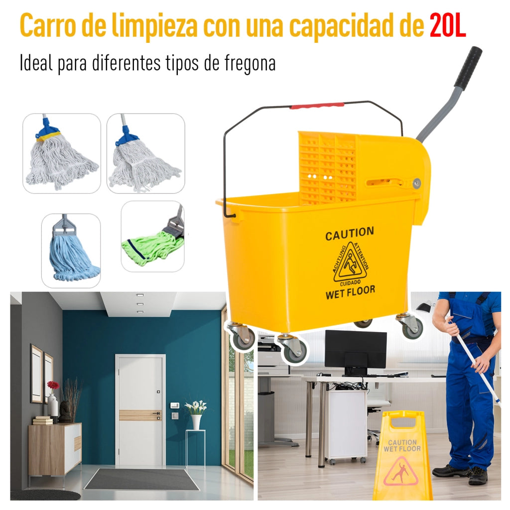 Secchio per Lavare Pavimenti 20L con Ruote e Scolapiatti ¨C zephmum ¨C 60x27x70,5 cm Giallo