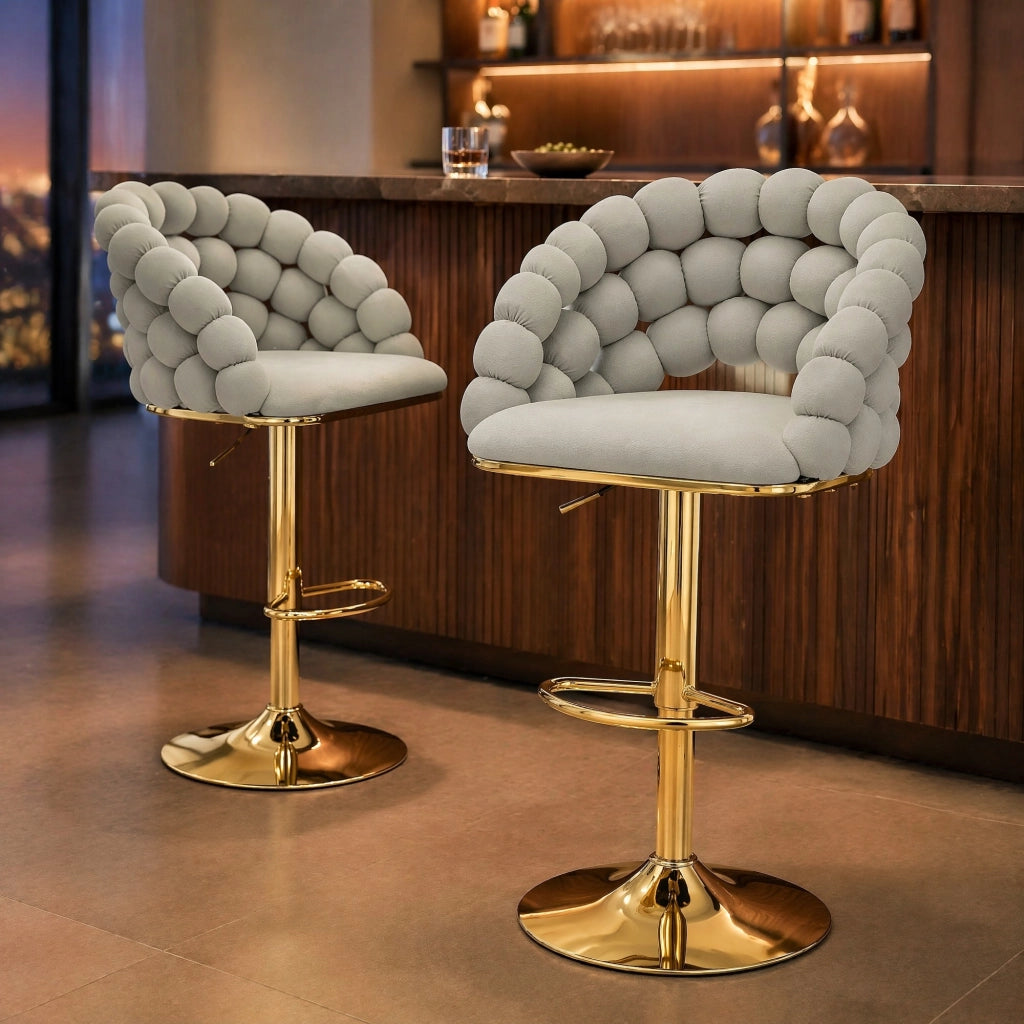 Sgabello da Bar Set da 2 con Altezza Regolabile e Schienale a Catena di Sfere, in Metallo e Velluto Grigio Chiaro
