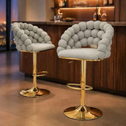 Sgabello da Bar Set da 2 con Altezza Regolabile e Schienale a Catena di Sfere, in Metallo e Velluto Grigio Chiaro