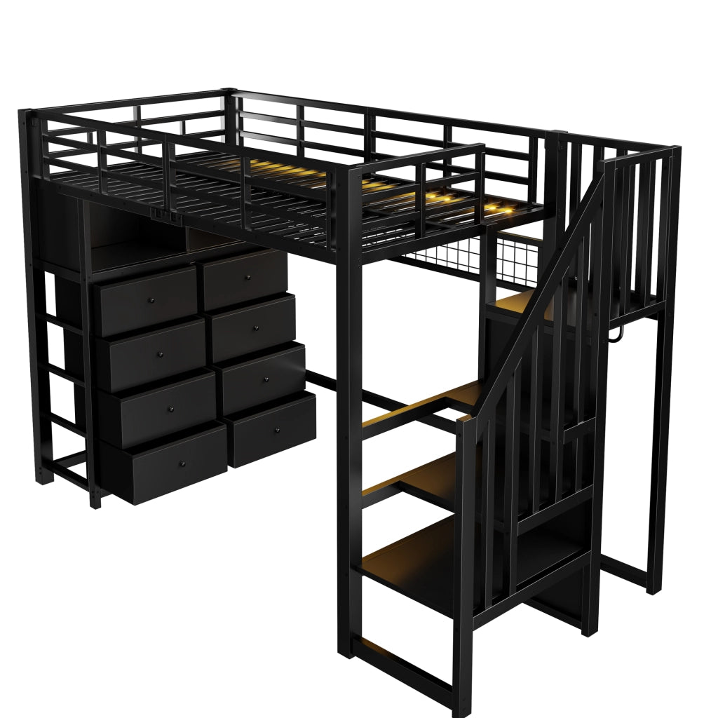 Letto a soppalco 90x200 cm con 8 cassetti e LED in MDF e metallo nero