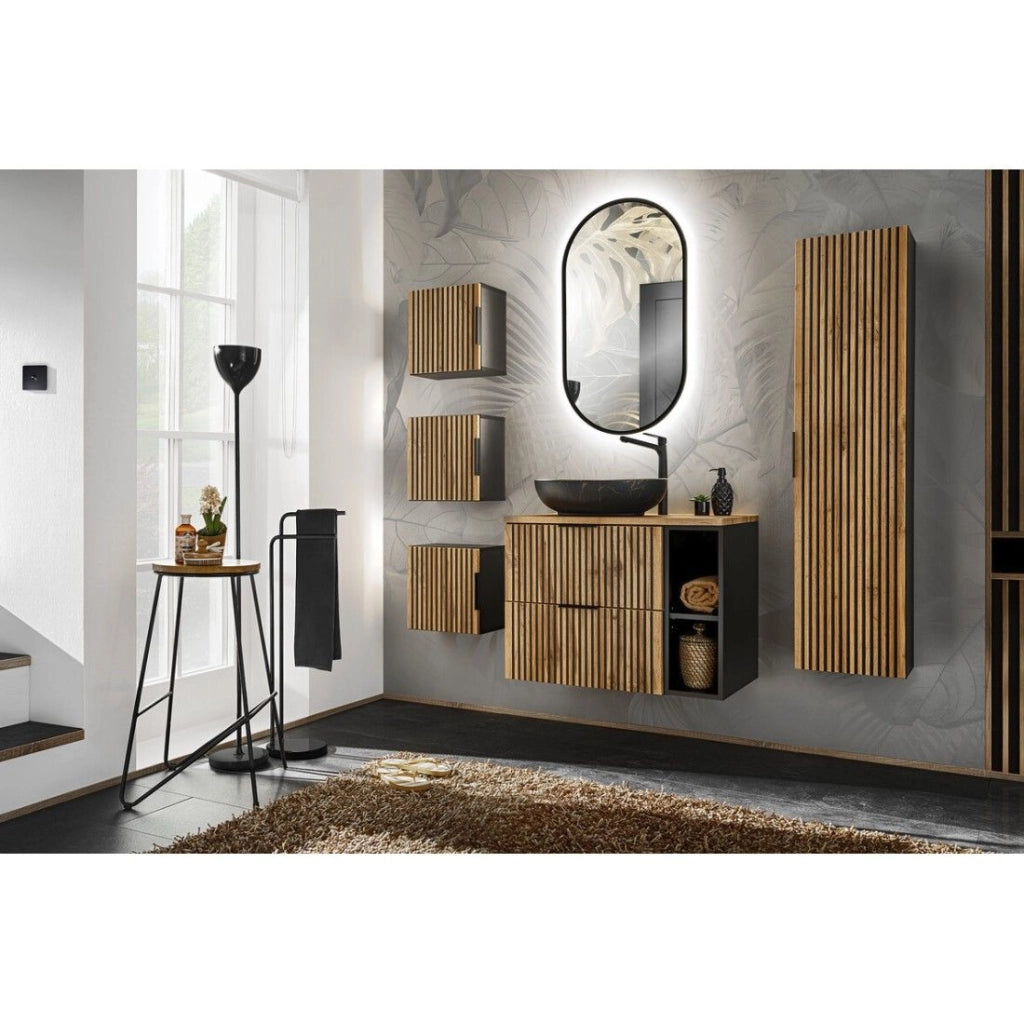 Set KINOKO: mobile sottolavabo 80cm + lavabo nero rotondo da appoggio + specchio LED + mobili contenitori