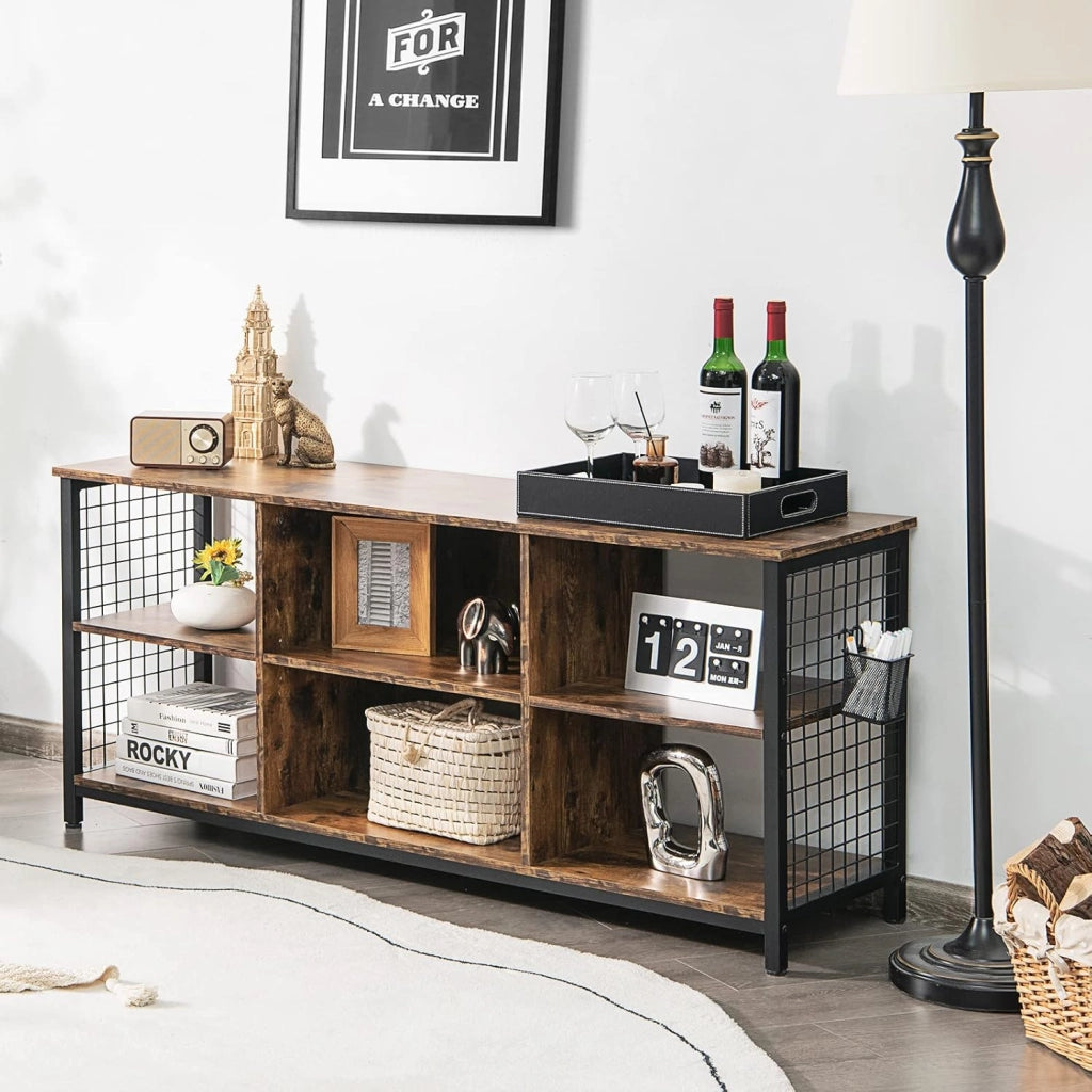 Mobile TV, mobile TV, mobile TV, supporto per TV fino a 65 pollici, cassettiera bassa, in legno con scomparti aperti e cestino portaoggetti, mensola TV industriale 140 x 40 x 63 cm