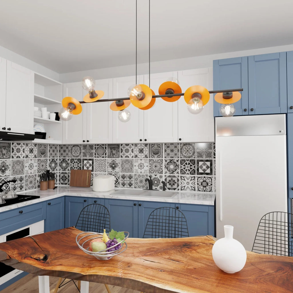 Lampadario 8 Luci Eos In Acciaio Nero E Arancio Con Barra E Diffusori A Piatti