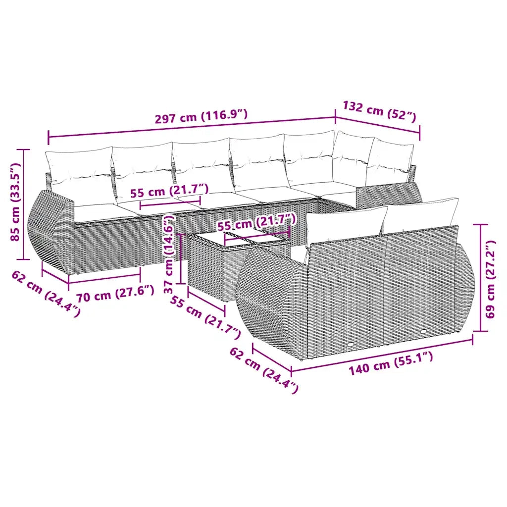 Set Divano da Giardino 9pz con Cuscini Grigio Chiaro Polyrattan