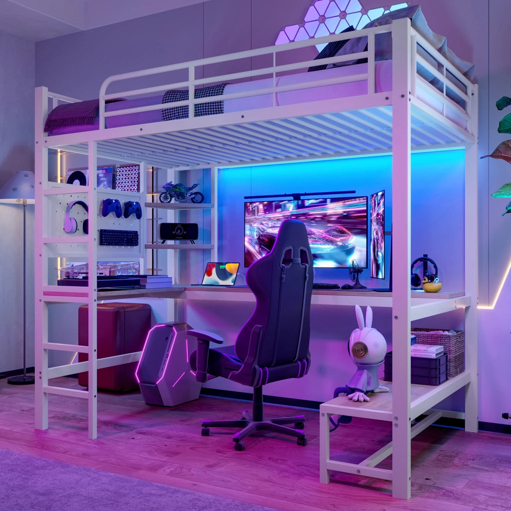 Letto a soppalco 90x200 cm con scrivania, LED e prese USB-C