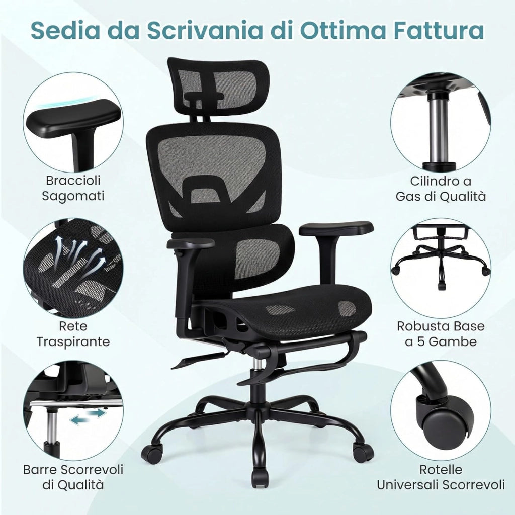 Sedia da Ufficio Ergonomica, con Poggiapiedi e Poggiatesta | Poltrona Scrivania con Schienale e Supporto Lombare, Braccioli 3D, Portata 136 kg