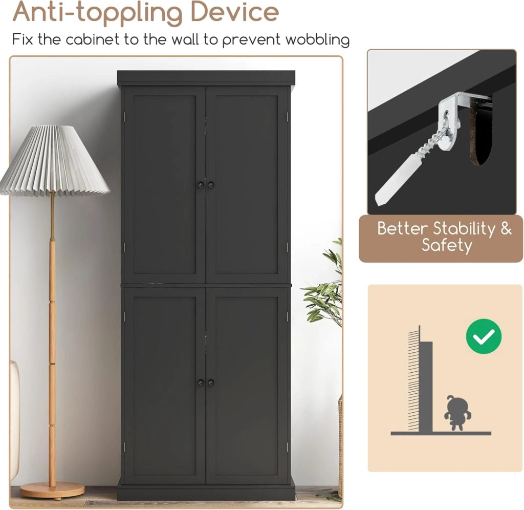 Credenza Alta da Cucina 184.5 cm, Mobile Cucina Dispensa con 2 Ripiani Regolabili, Mobile Buffet con 2 Armadi con Ante, per Soggiorno, Sala da Pranzo, Bagno, 76 x 40 x 184,5 cm (Nero)
