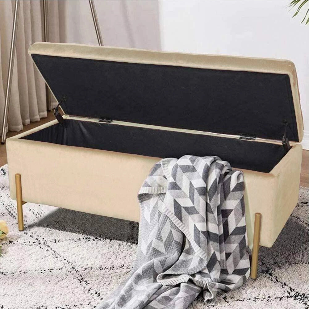 Cassapanca Pouf Contenitore Panca Sgabello Poggiapiedi Tessuto Velluto 105x44 H45cm Beige
