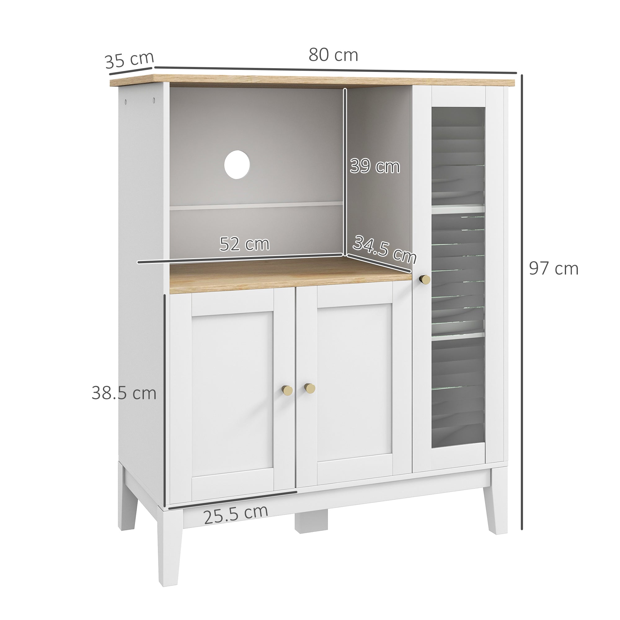 Mobile Cucina Multiuso per Microonde 80x35x97 cm Ripiani Chiusi e Mensola con Passacavi in MDF Bianco