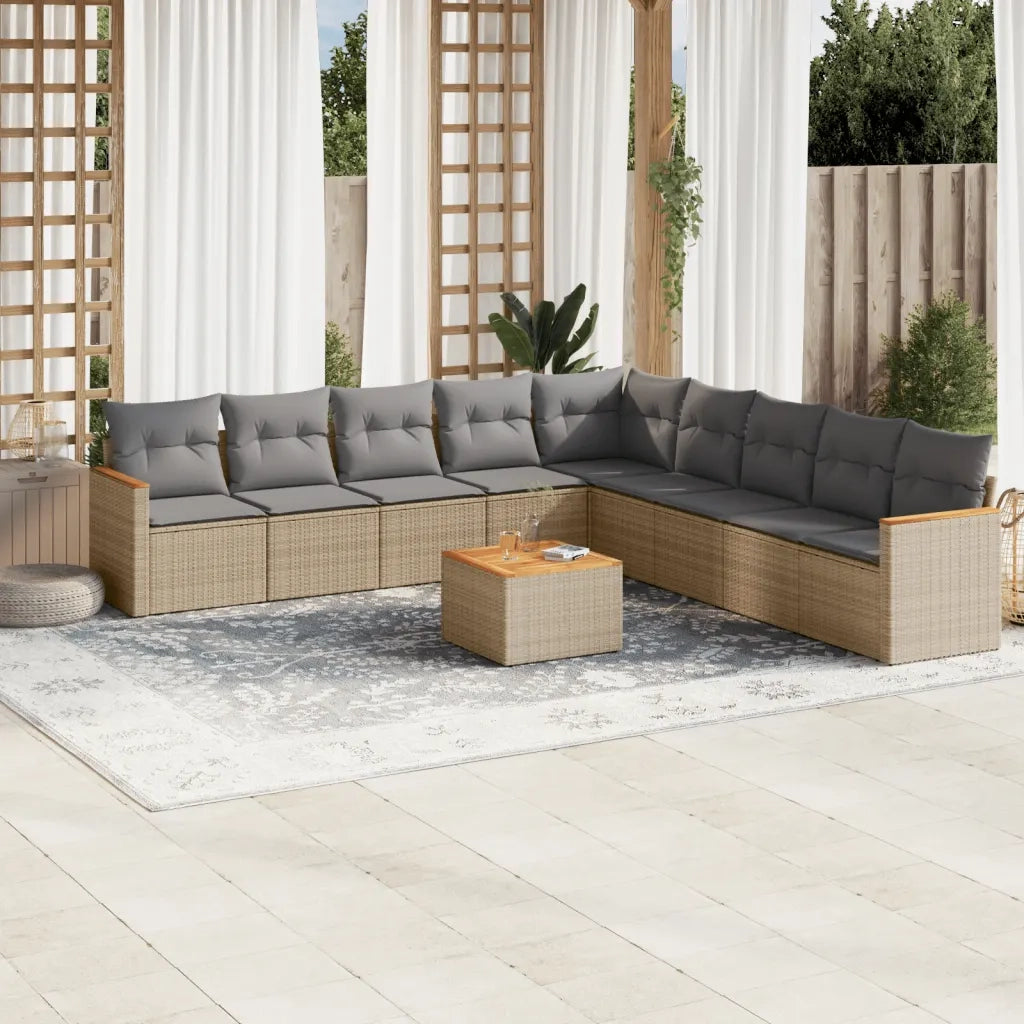 Set Divano da Giardino 10 pz con Cuscini Beige in Polyrattan