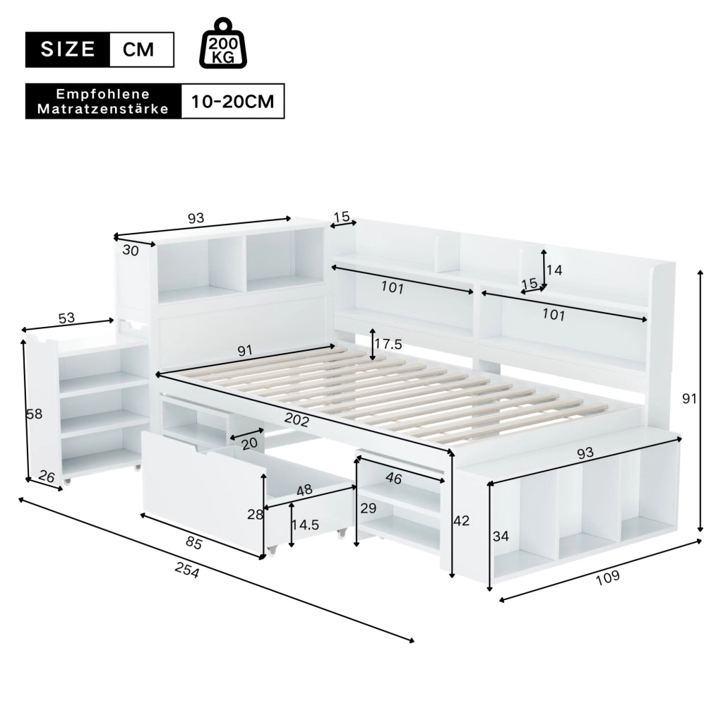 Lettino per bambini 90x200 cm in legno multistrato bianco con cassetti e vani contenitore