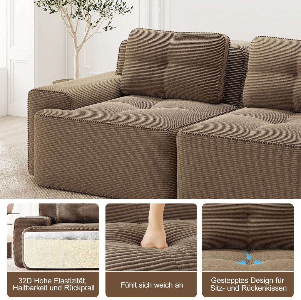 Divano modulare senza struttura in velluto a coste marrone 293x104x69 cm; seduta profonda