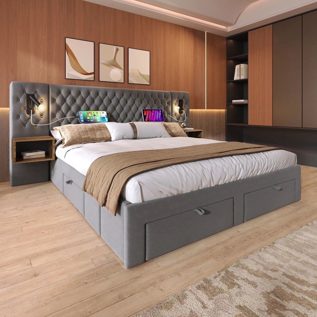 OKWISH Camera Completa con Letto Imbottito Matrimoniale 160 x 200 cm, 2 Comodini, 4 Cassetti, USB e Tipo C, Velluto, Grigio