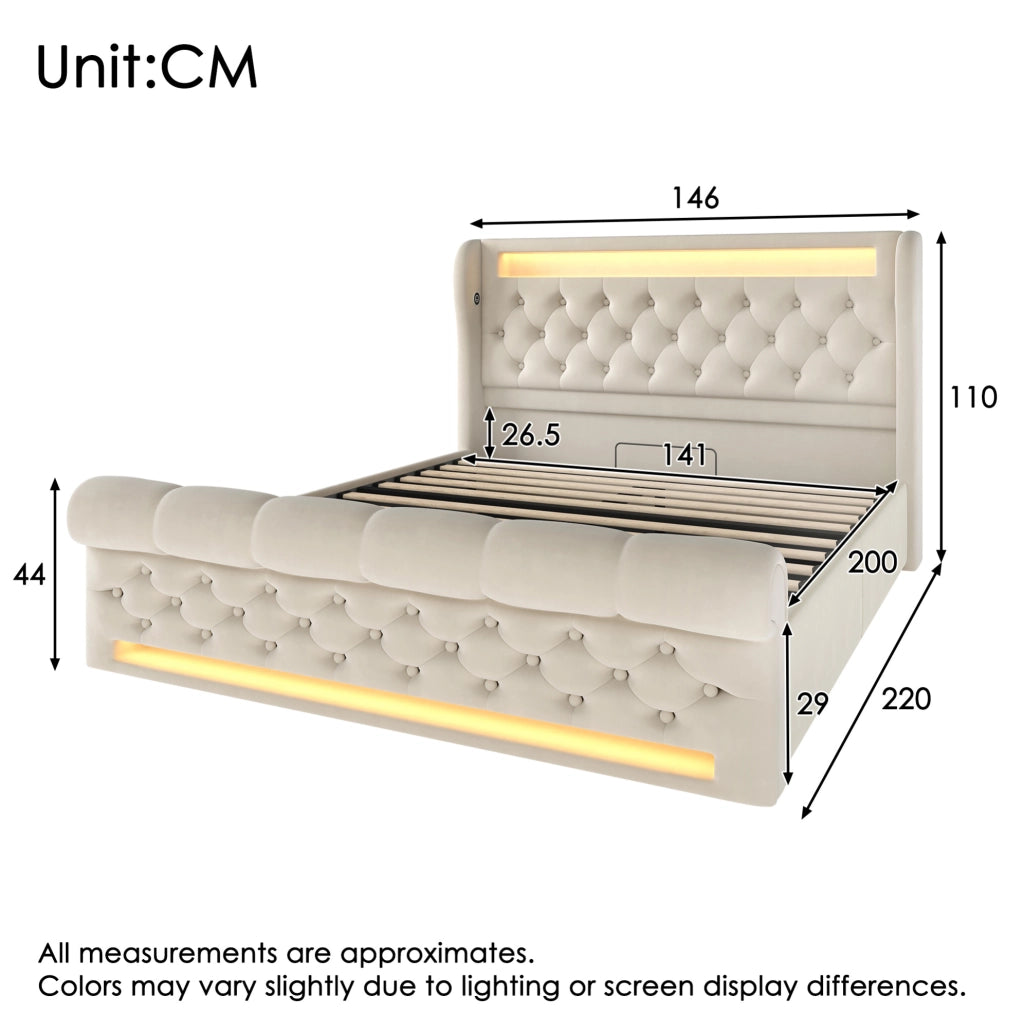 Letto imbottito 140x200 cm in velluto con LED; USB Type-C e materasso incluso; beige