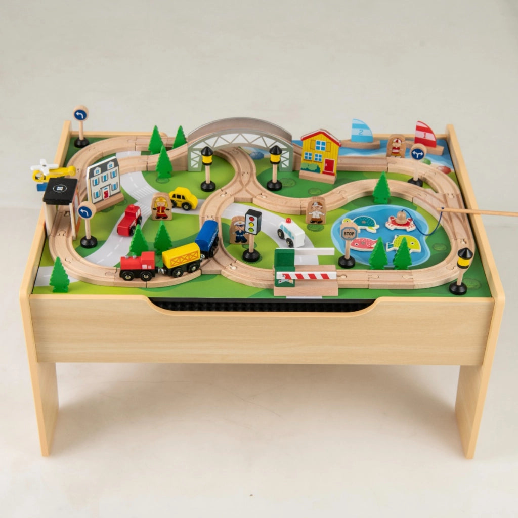 Tavolo da gioco per bambini in legno set ferroviario con 78 pezzi, Tavola attivit¨¤ con piano e base ribaltabile Naturale