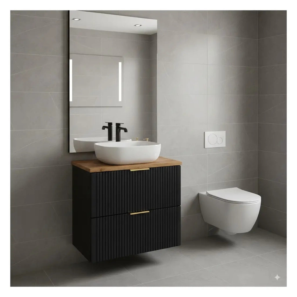 Insieme mobile sotto lavabo NOXERA 60 cm – Nero opaco e rovere – 2 cassetti + piano per lavabo + lavabo