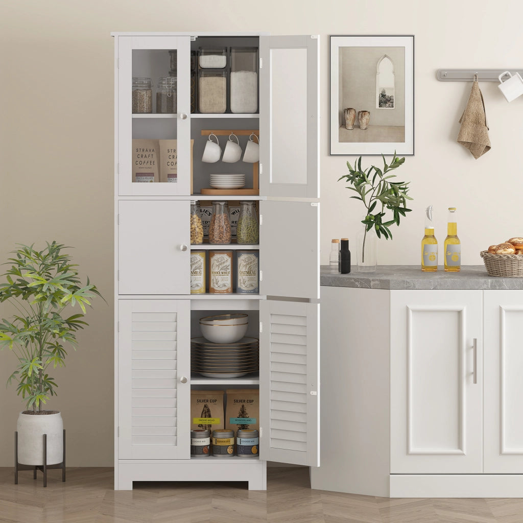 Mobile Colonna Bagno con 3 Armadietti e Ante in Vetro e a Persiana ¨C Zephmum ¨C Bianco 60x30x170.5cm