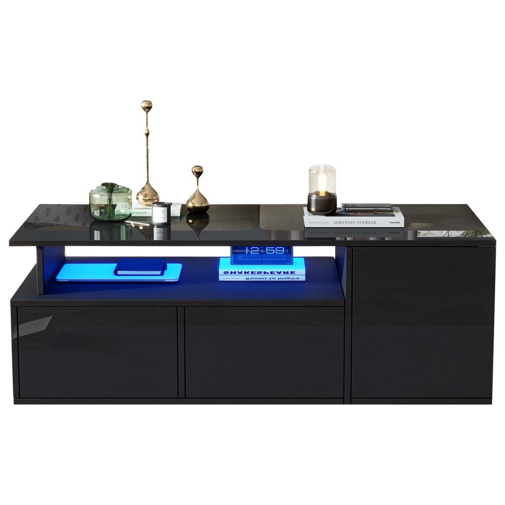 OKWISH Tavolino da Salotto con 2 Cassetti, 1 Vano Aperto e 3 Scomparti, LED, per Soggiorno, Pannello di Truciolato, 100 x 50 x 35 cm