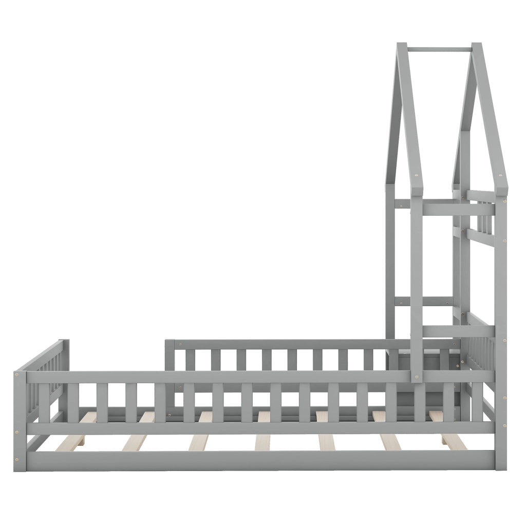 Letto Casetta Matrimoniale con Sponda e Comodino 140×200 cm; senza Materasso; in Pino e MDF; Grigio