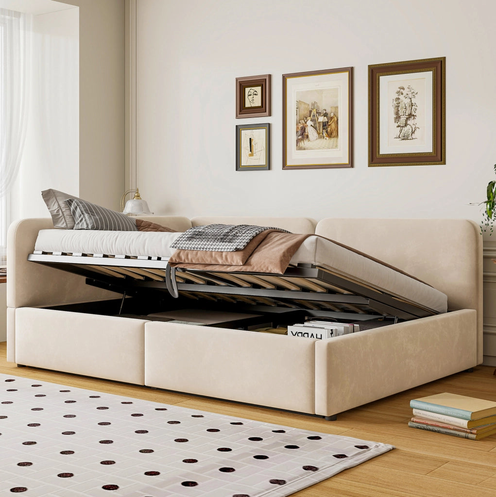 Letto divano imbottito 140x200 con vano contenitore idraulico beige