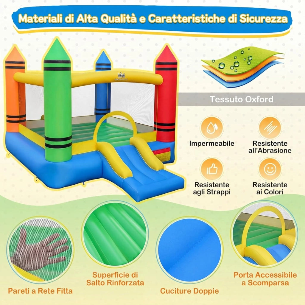 Castello Gonfiabile per Bambini, Casa Gonfiabile con Salto e Scivolo, Borsa di Trasporto e Kit di Riparazione, per 2 Bambini 3-12 Anni, Adatto per Esterno e Interno