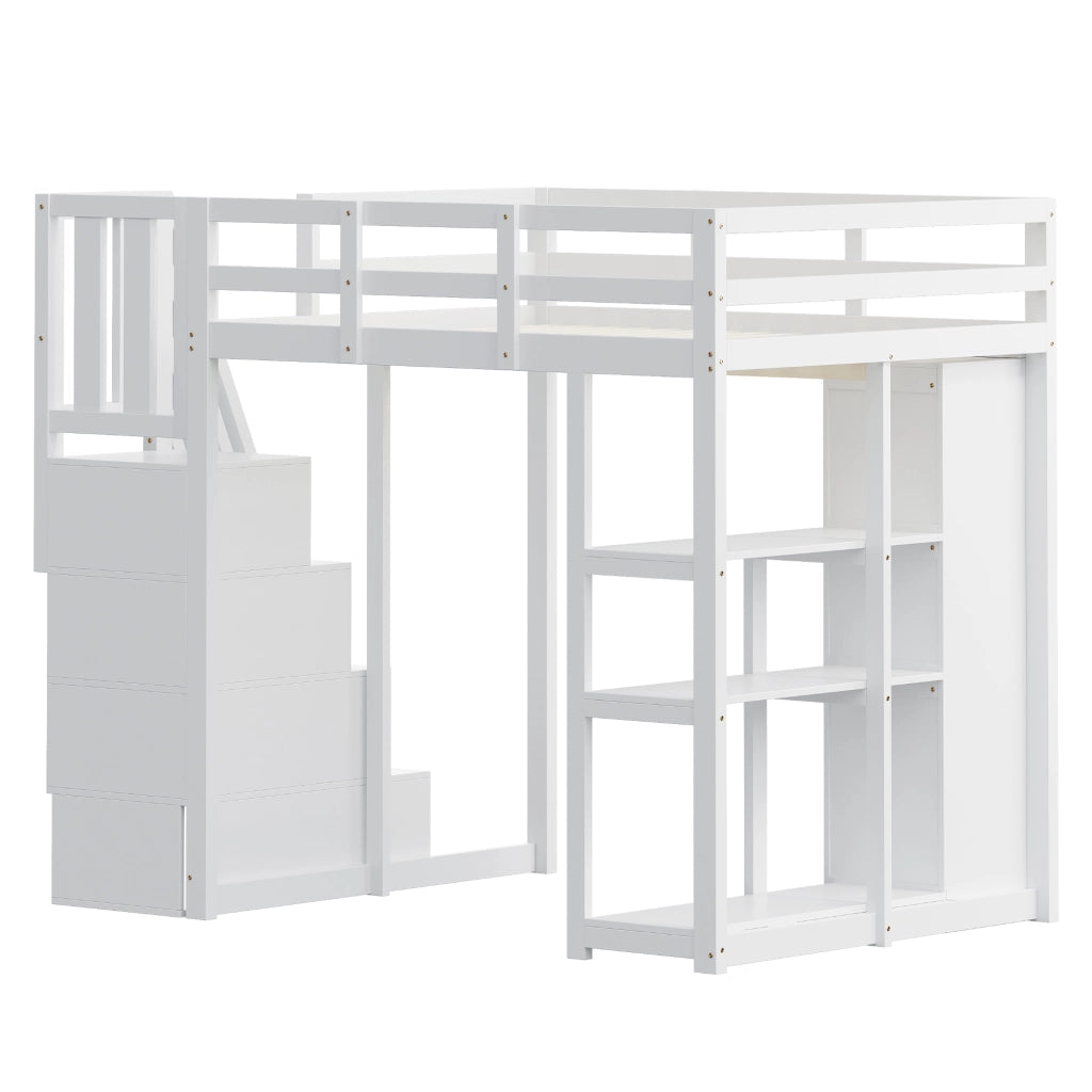 OKWISH Letto a Soppalco 140×200 cm, Letto Matrimoniale con 4 Cassetti, Scala Contenitore e Mensole, senza Materasso, in Legno, Bianco