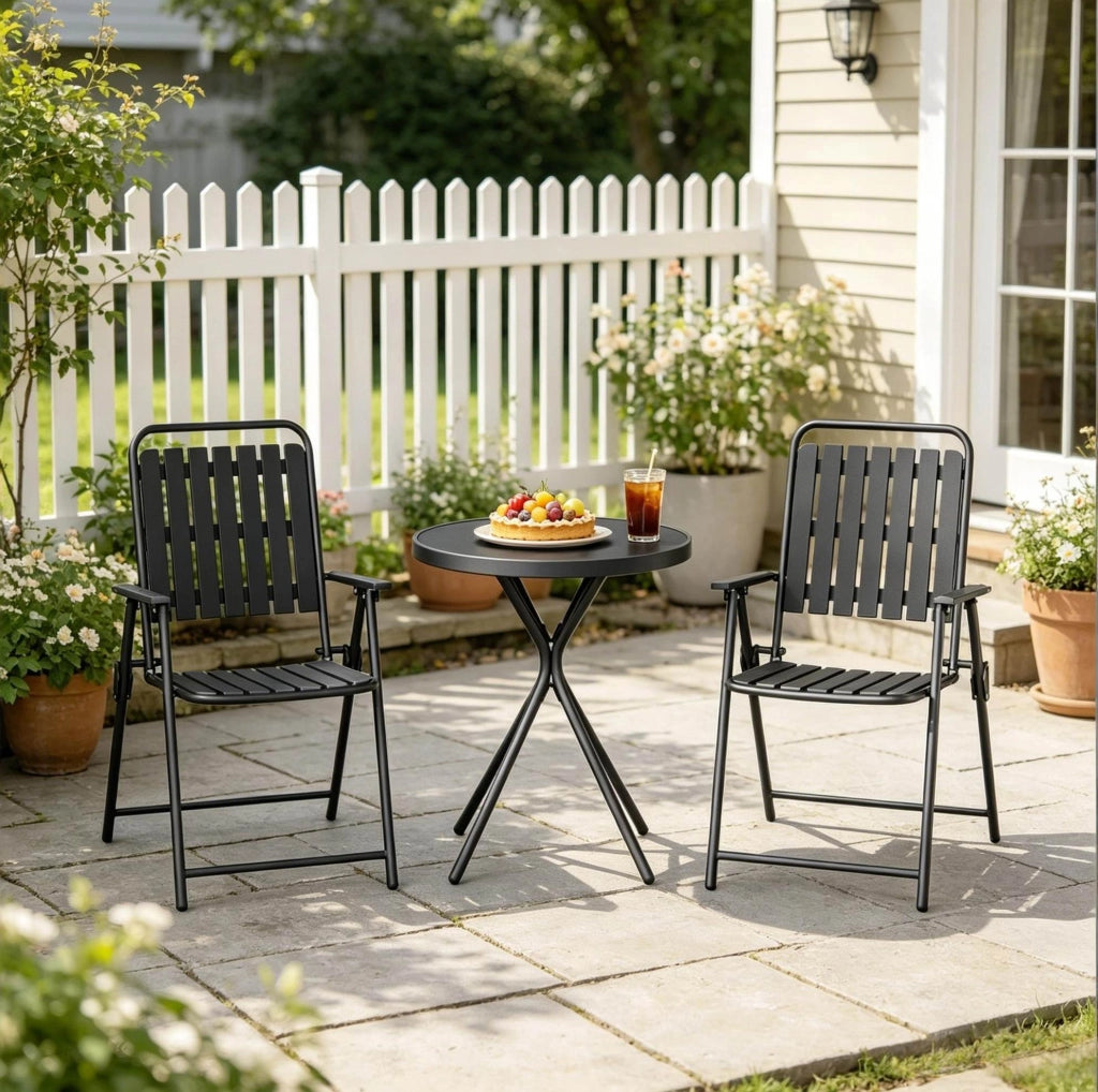 Set mobili da giardino 3 pezzi con tavolo e 2 sedie pieghevoli; nero