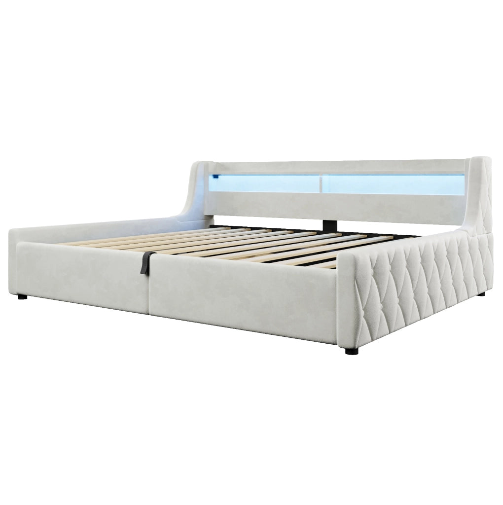 Letto imbottito 140x200 cm con contenitore e LED in flanella; bianco sporco