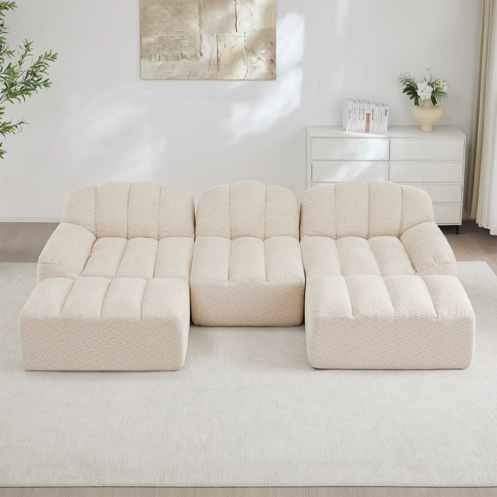 Divano angolare modulare 3 posti con 2 pouf; configurazione a U o L; pile granulare beige bianco