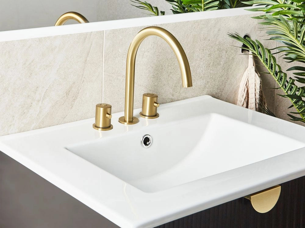 Rubinetto miscelatore per lavabo in ottone oroa due maniglie con beccuccio curvo Accessori bagno Bagno