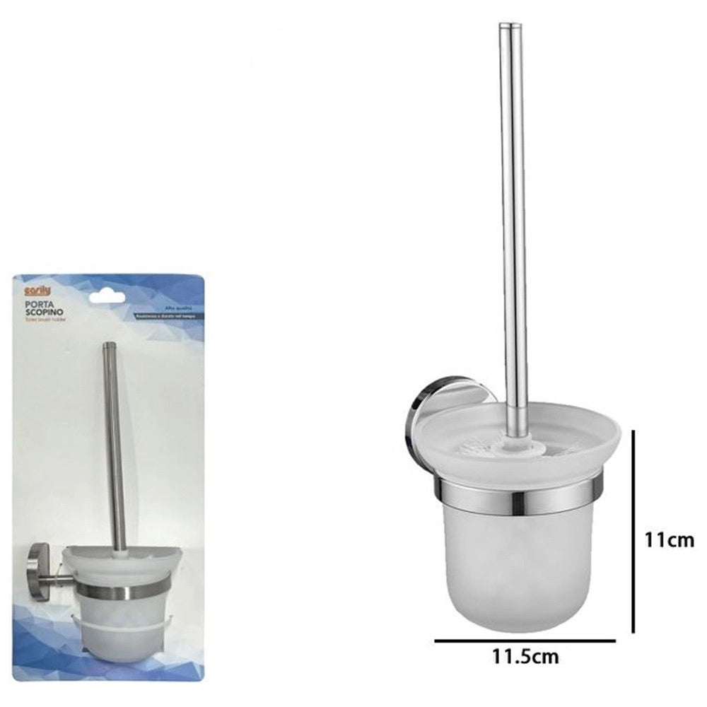 Trade Shop - Porta Scopino Per Wc In Acciaio Satinato Con Bicchiere Vetro Satinato Arredo Bagno 87913 -