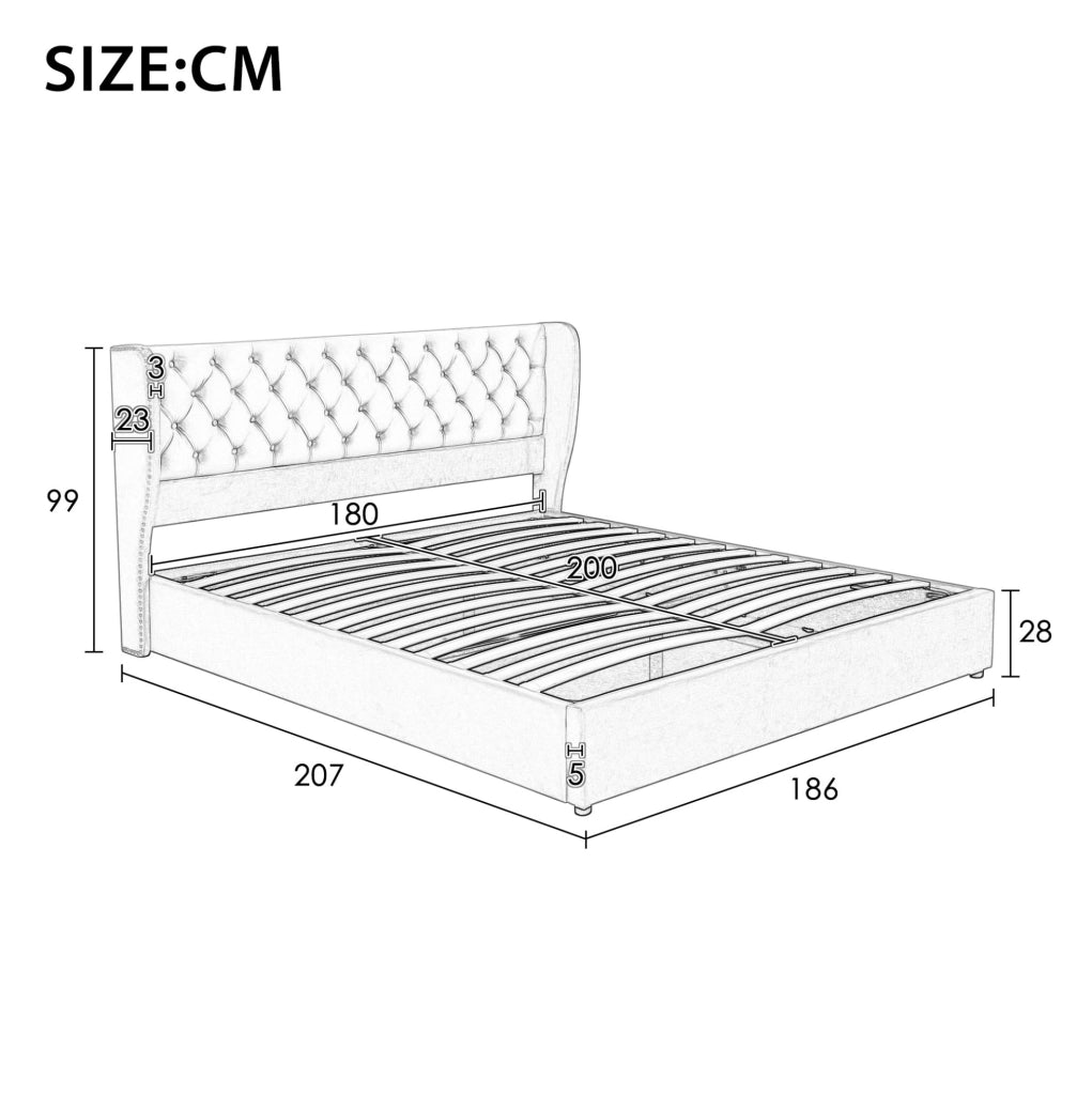 Letto matrimoniale imbottito stile Chesterfield 180x200 cm in velluto beige con contenitore