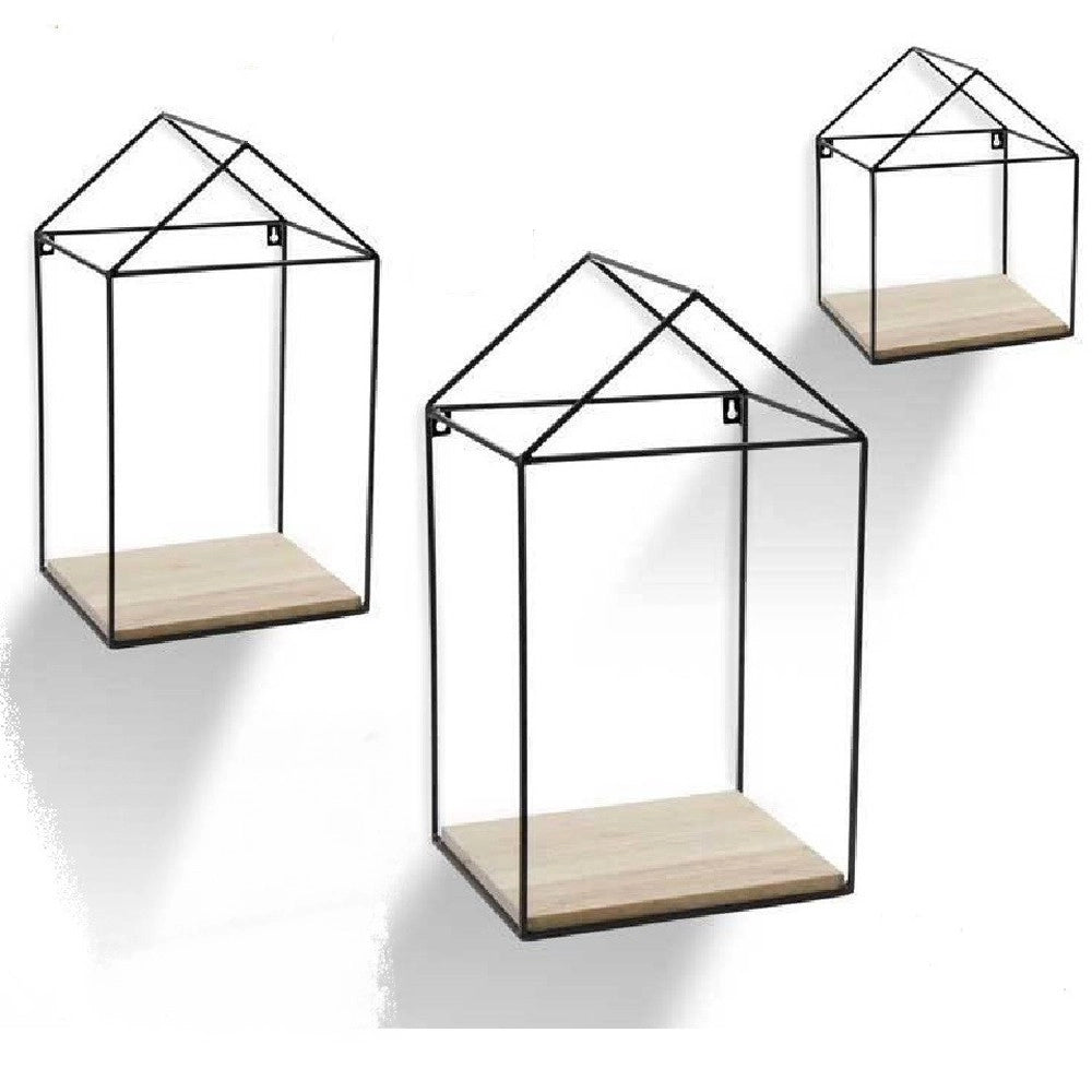 Trade Shop - 3pz Mensole Parete Casa Bacheca Mensola Legno Sospesa Metallo Nero H20/32/40cm 751653 -