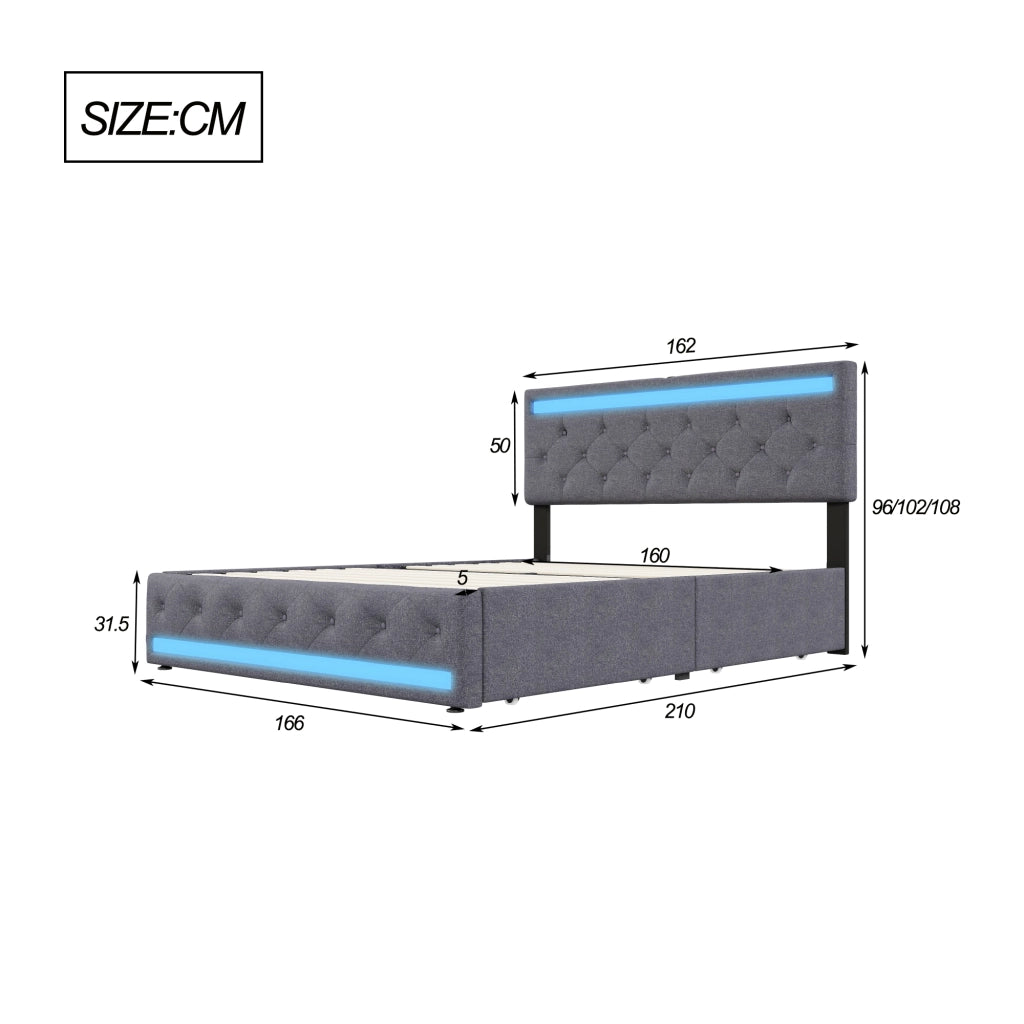Letto matrimoniale contenitore 160x200 cm con testiera regolabile LED e porte USB struttura letto con 4 cassetti in legno lino grigio