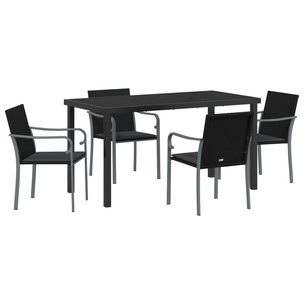 Set da pranzo da giardino in 5 pezzi con cuscini in polyrattan nero