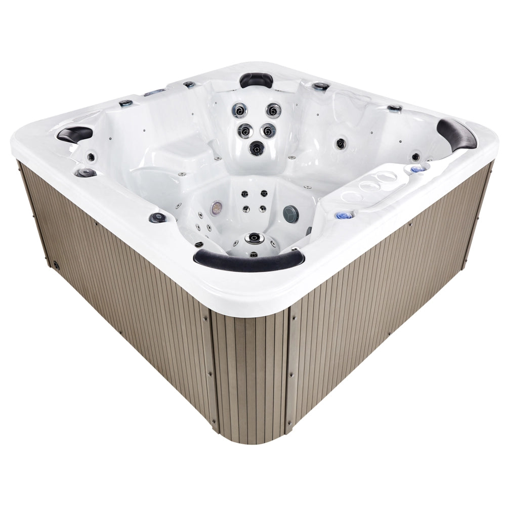 Vasca idromassaggio in acrilico bianco 225 x 225 cm 55 getti pannelli esterni marroni con riscaldamento a LED