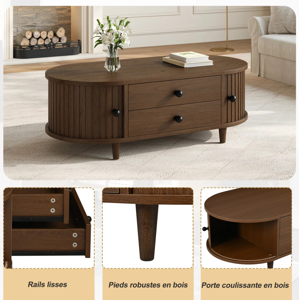 Tavolino da salotto rotondo 100x50x36 cm effetto noce; in MDF con 2 cassetti e ante scorrevoli