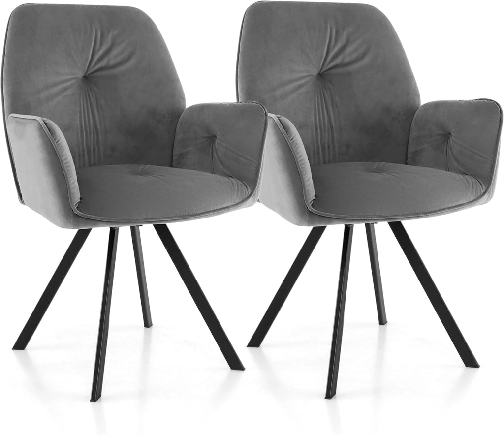Set di 2 Sedia da Scrivania in Velluto, Poltrona Girevole a 360° con Gambe in Metallo e Piedini Antiscivolo, Schienale Largo e Braccioli Ergonomici, Portata 150 kg, 63 x 59 x 87 cm