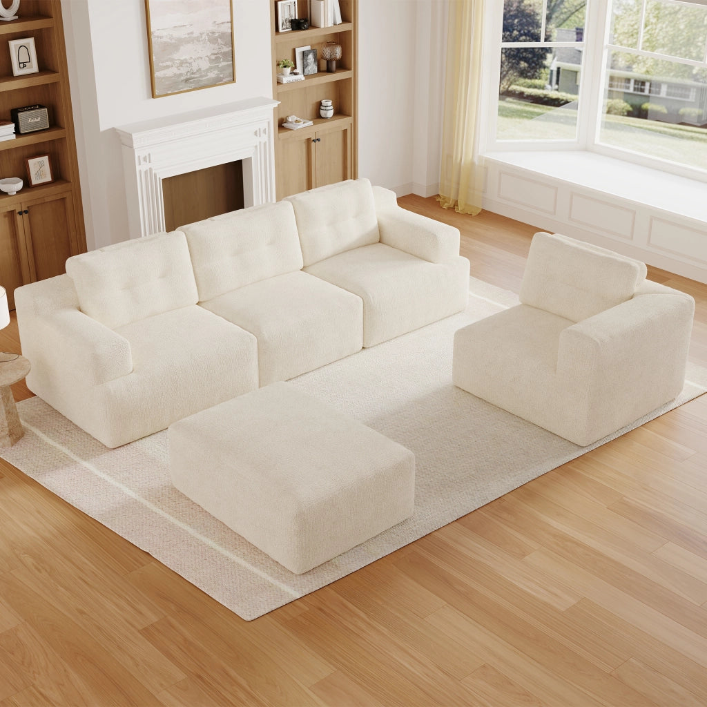 Divano modulare 5 posti - con schienale alto e pouf - in chenille beige