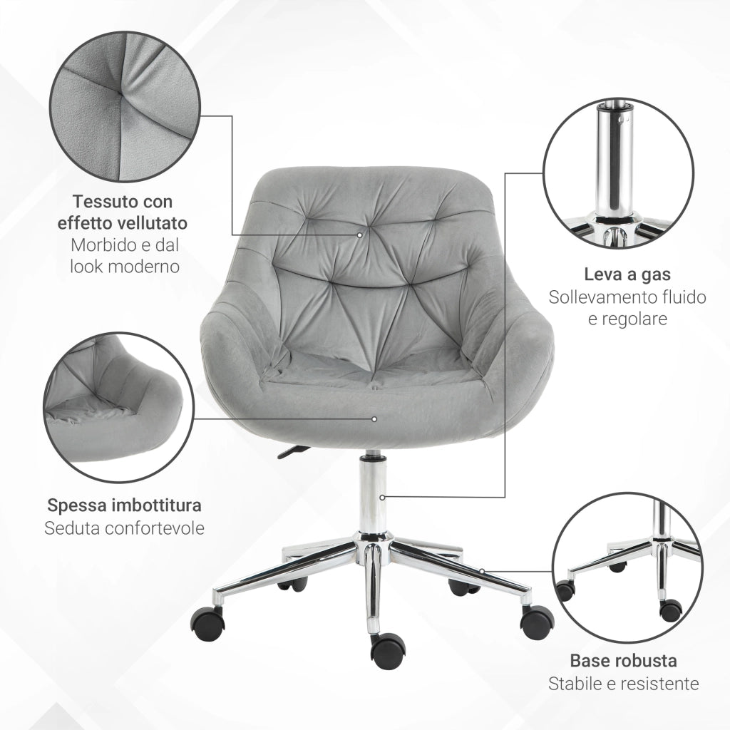 EasyComfort Sedia da Ufficio Ergonomica Girevole con Altezza Regolabile e Ruote, Rivestimento in Velluto, 59x58x80-90cm, Grigio