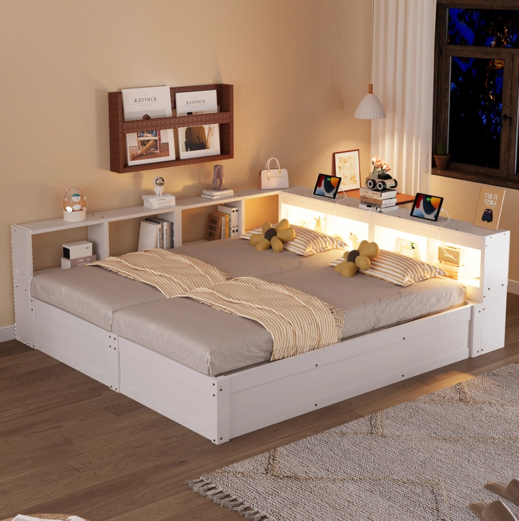 Letto modulare 90/180x200 cm con contenitore idraulico; LED e prese integrate; bianco