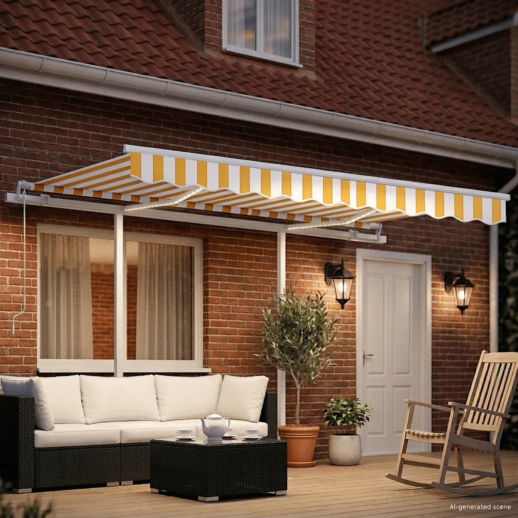 Tenda da Sole Retrattile Manuale con LED 3,5x2,5m Gialla Bianca