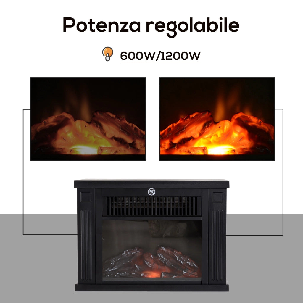 EasyComfort Camino Elettrico da Tavolo con Effetto Fiamma, Caminetto con Potenza Regolabile 600/1200W, Copertura 10-15m², Nero