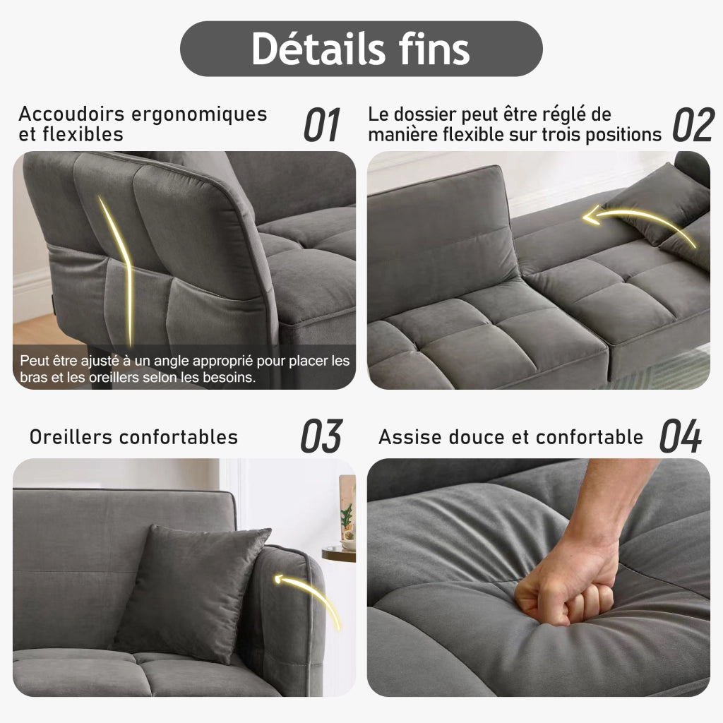 Divano Letto 2 Posti ¨C MINIMAL ¨C Velluto, Braccioli Ribaltabili, Schienale Regolabile