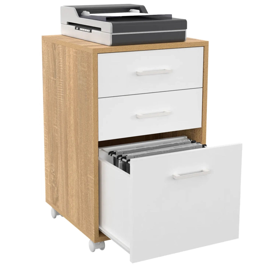IDMarket - Piedistallo per scrivania JON con supporto per stampante a 3 cassetti, legno e bianco