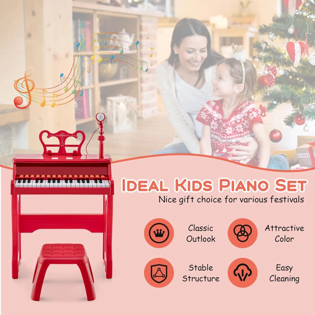 Pianola Bambini Musicale Tastiera, Tastiera Digitale a 37 Tasti, Mini Tastiera per Bambini con Effetti Luminosi e Microfono, Strumenti Musicali con Sgabello, 22 Battiti/8 Toni/8 Ritmi, Rosso