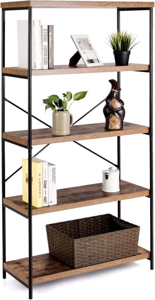 Libreria a 5 Piani, Scaffale Industriale in Legno con Struttura in Metallo, Aste di Sostegno a X Dispositivo Antiribaltamento, per Soggiorno Ufficio, 79x35x160 cm (Marrone)