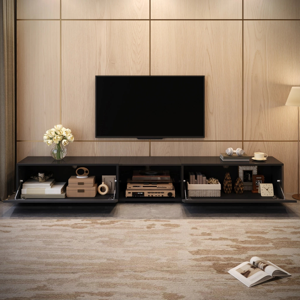 Mobile TV con 2 ante; LED e passacavi - per soggiorno - in MDF - 200×30×30 cm - nero