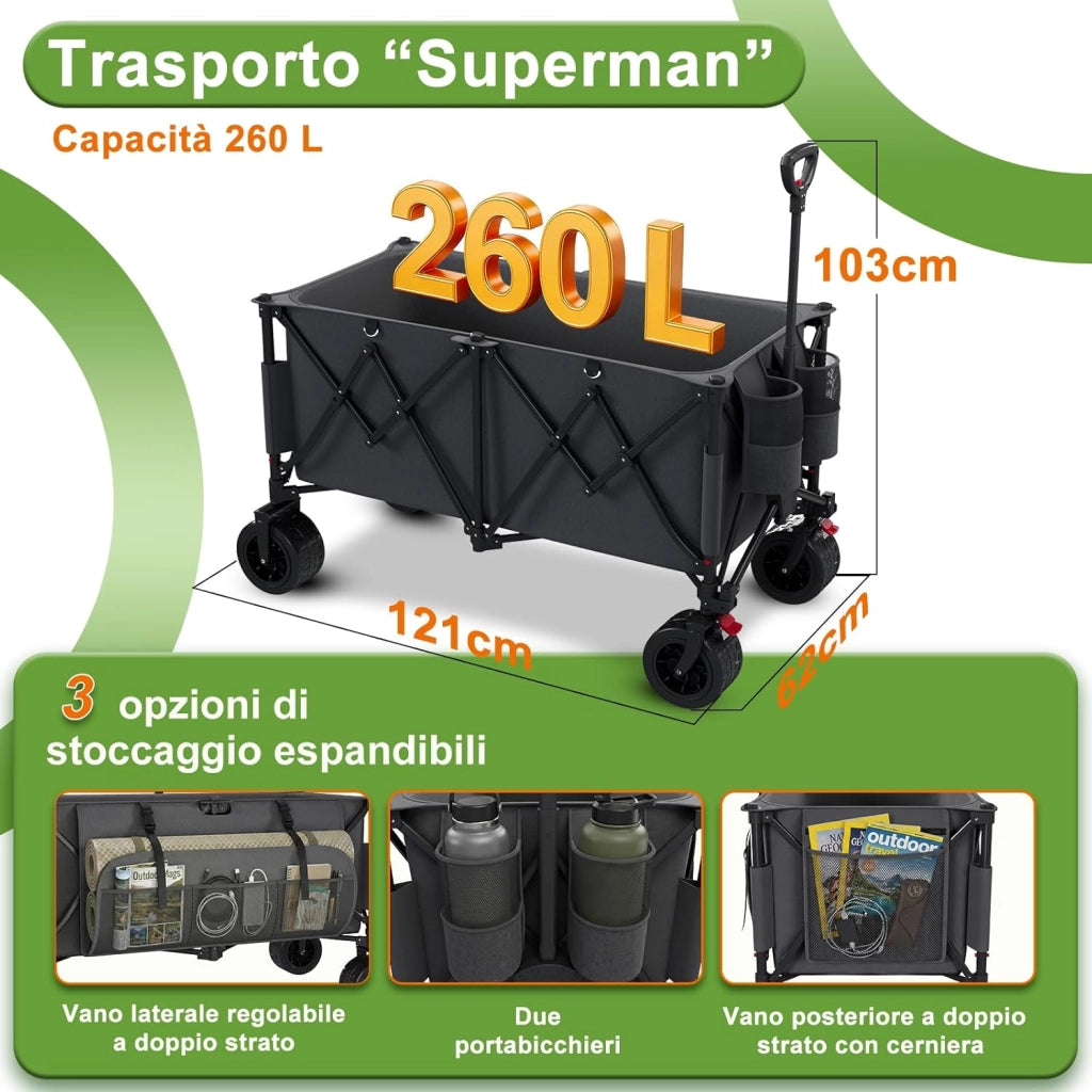 260L carrello spiaggia Massimo 200kg carrello con ruote portatutto grandi,carrellos pieghevole Con Braccioli Regolabili e Tasche Laterali per Giardino Campeggio Ogni Tipo di Terreno, Grigio